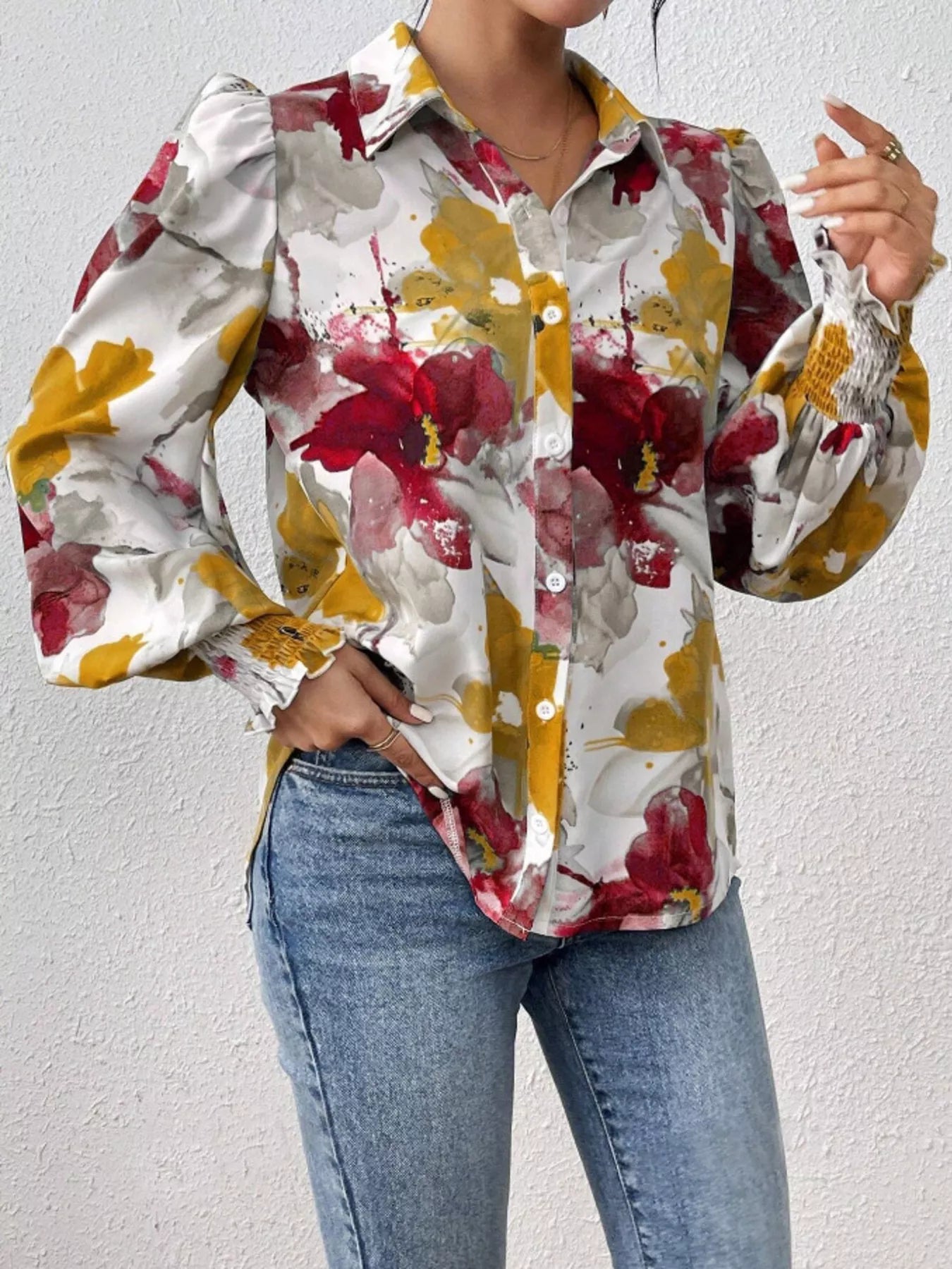 Printed Button Up Lantern Sleeve Shirt
