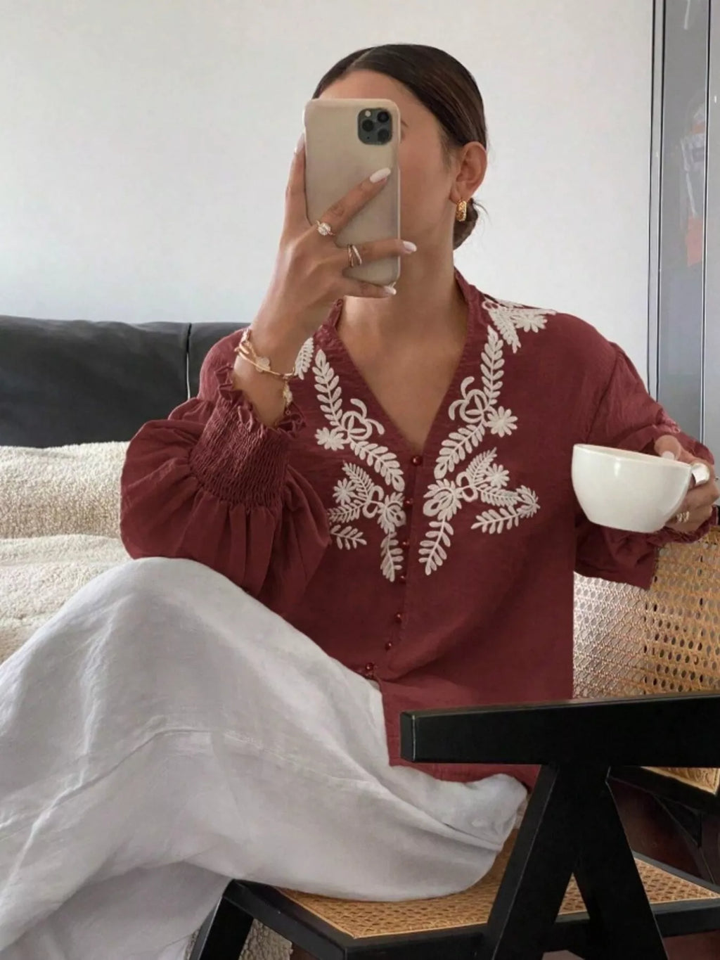 Embroidered Long Sleeve Blouse