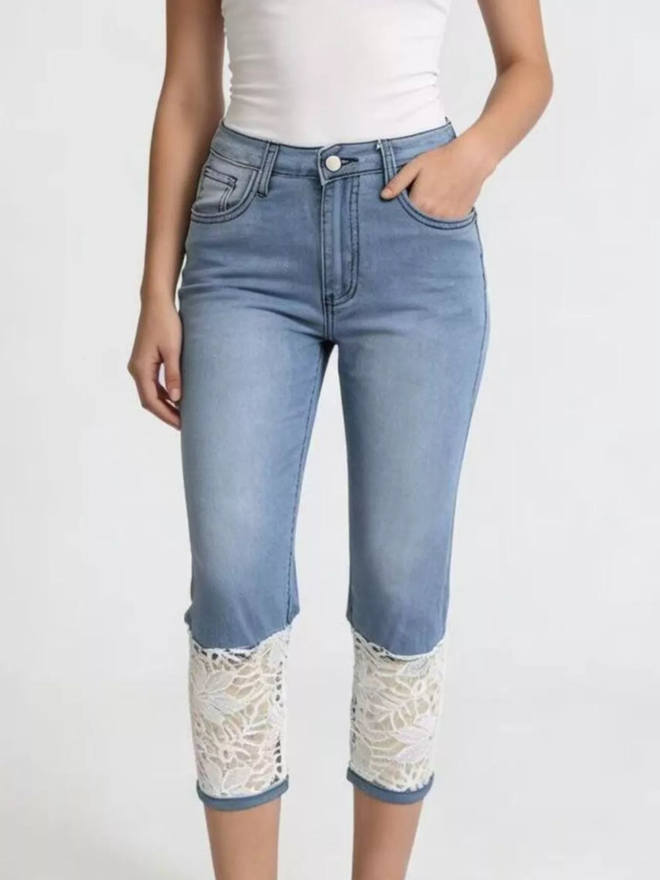 Full Size Lace Trimmed Capri Jeans Plus Size