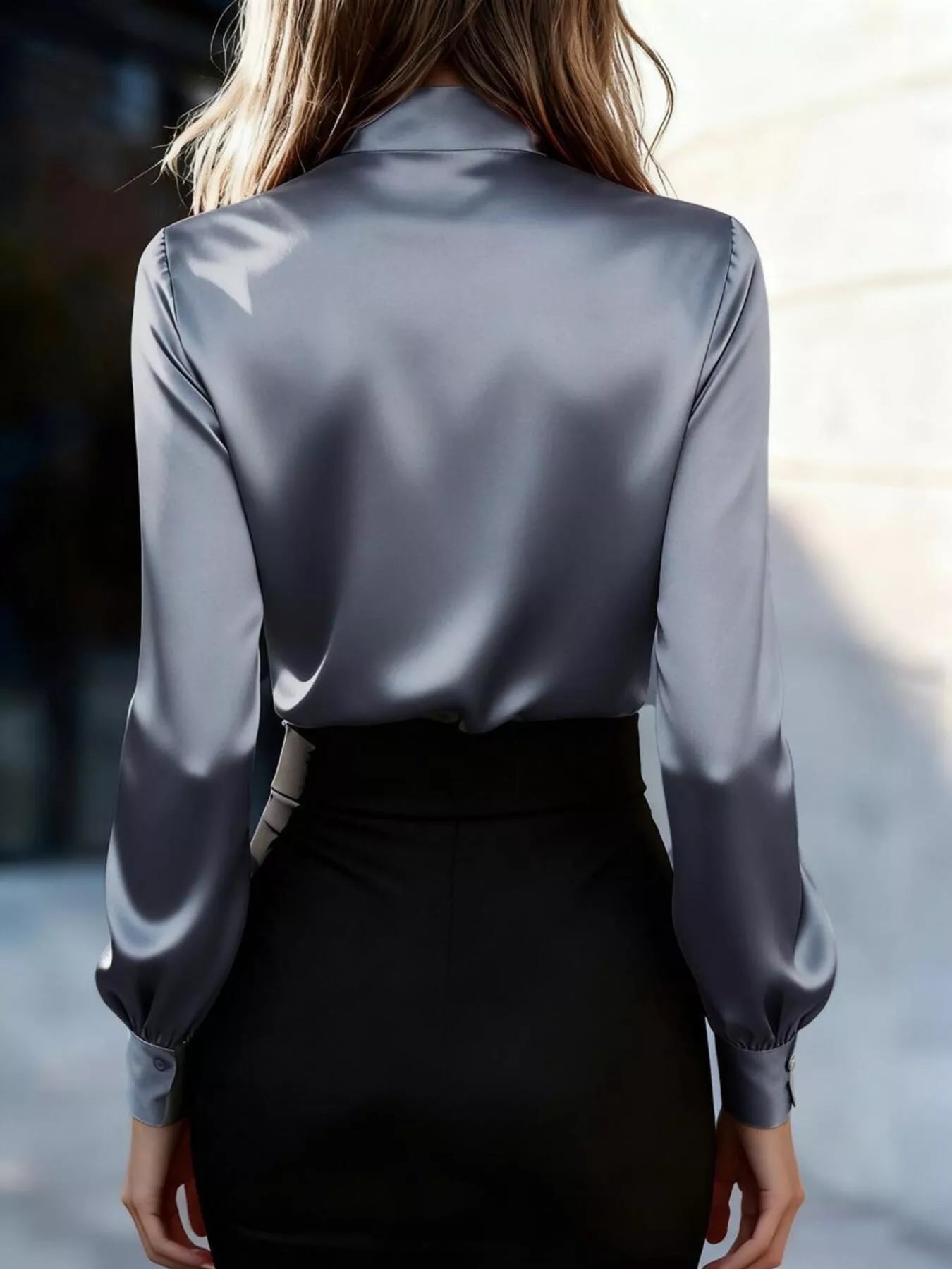 Satin Bow Tie Long Sleeve Blouse