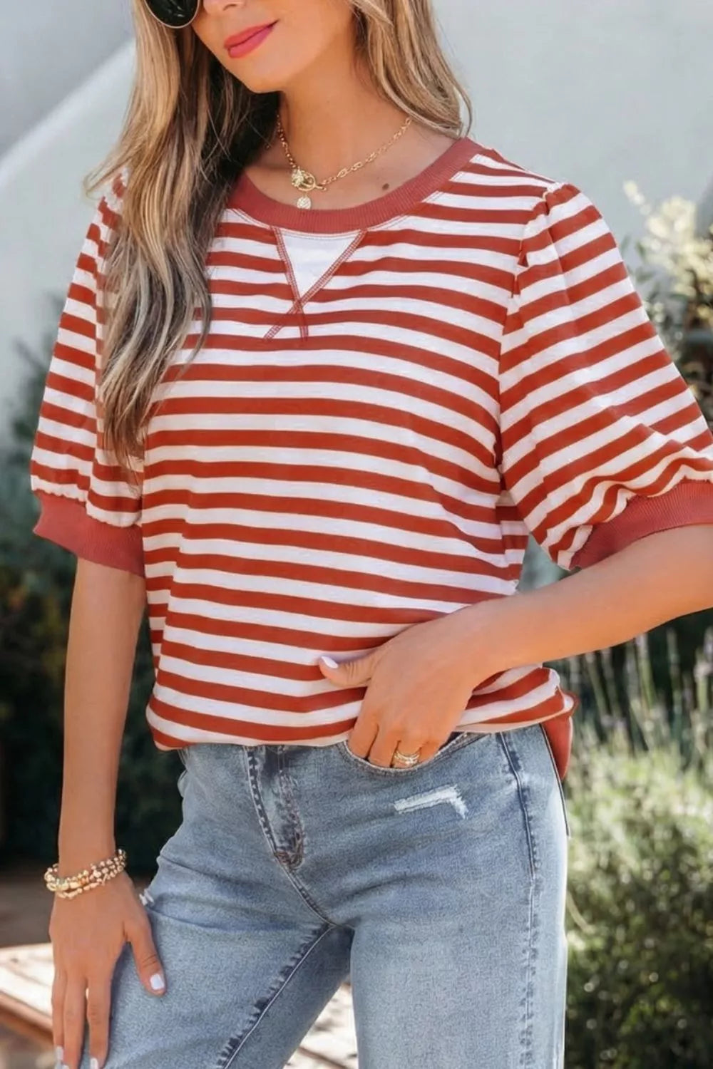 Striped Puff Sleeve Casual T-Shirt