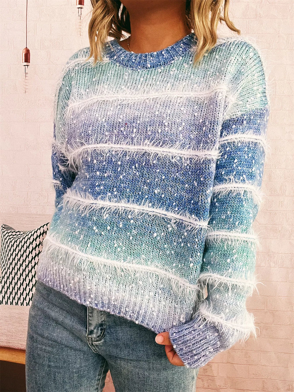 Gradient Striped Round Neck Sweater