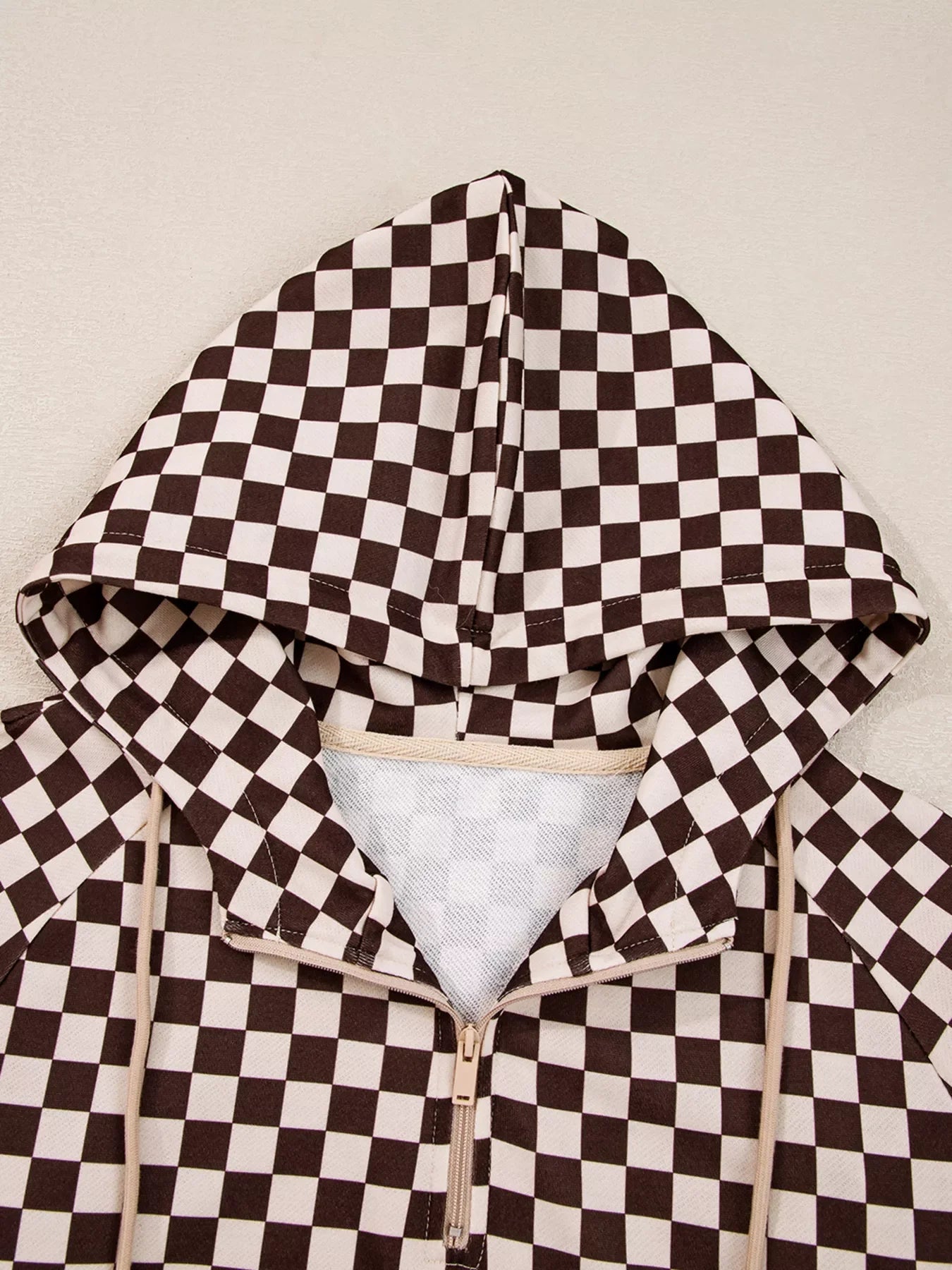 Checkered Drawstring Hoodie and Pants Set