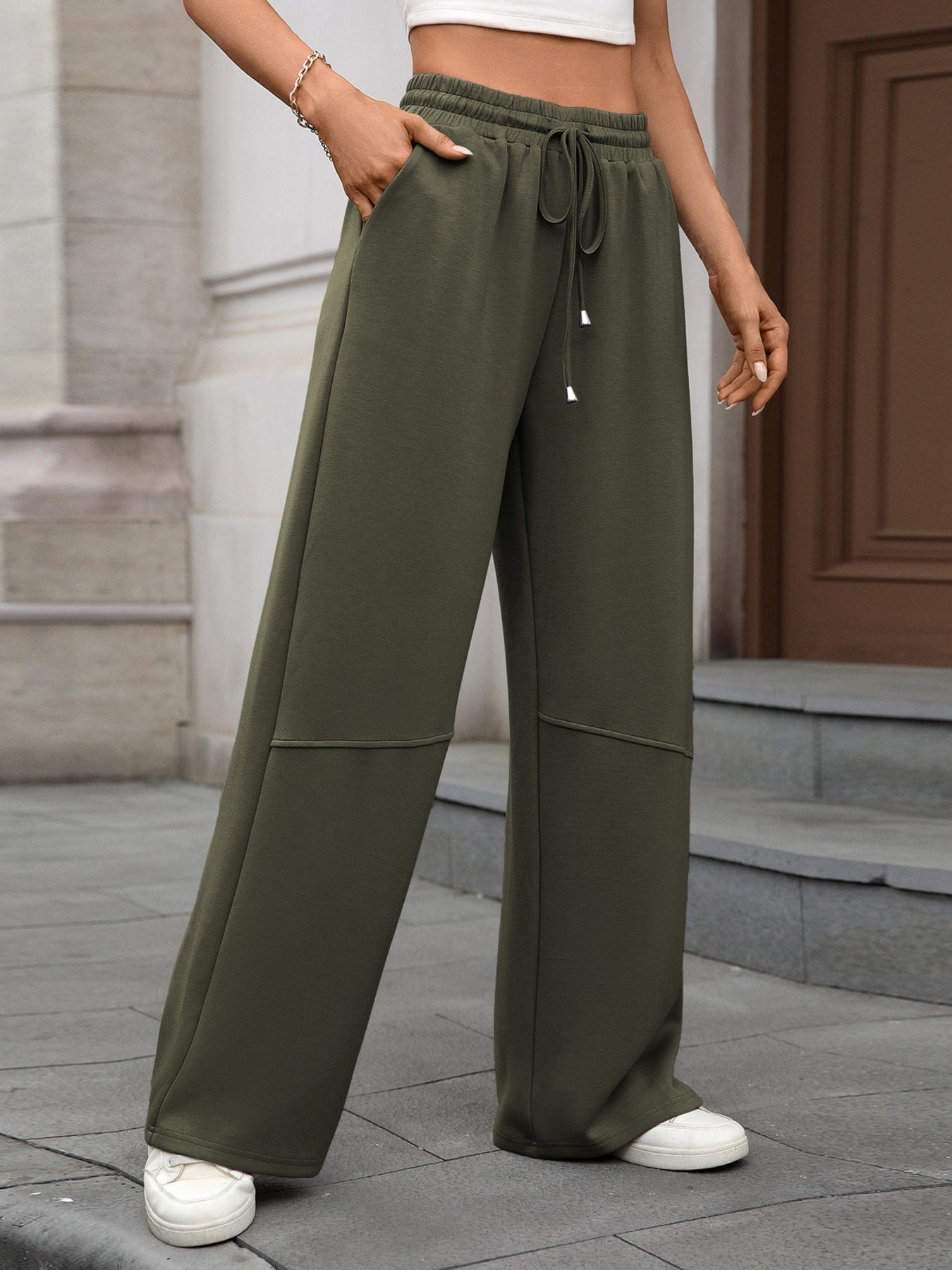 Drawstring High Waist Wide Leg Casual Pants