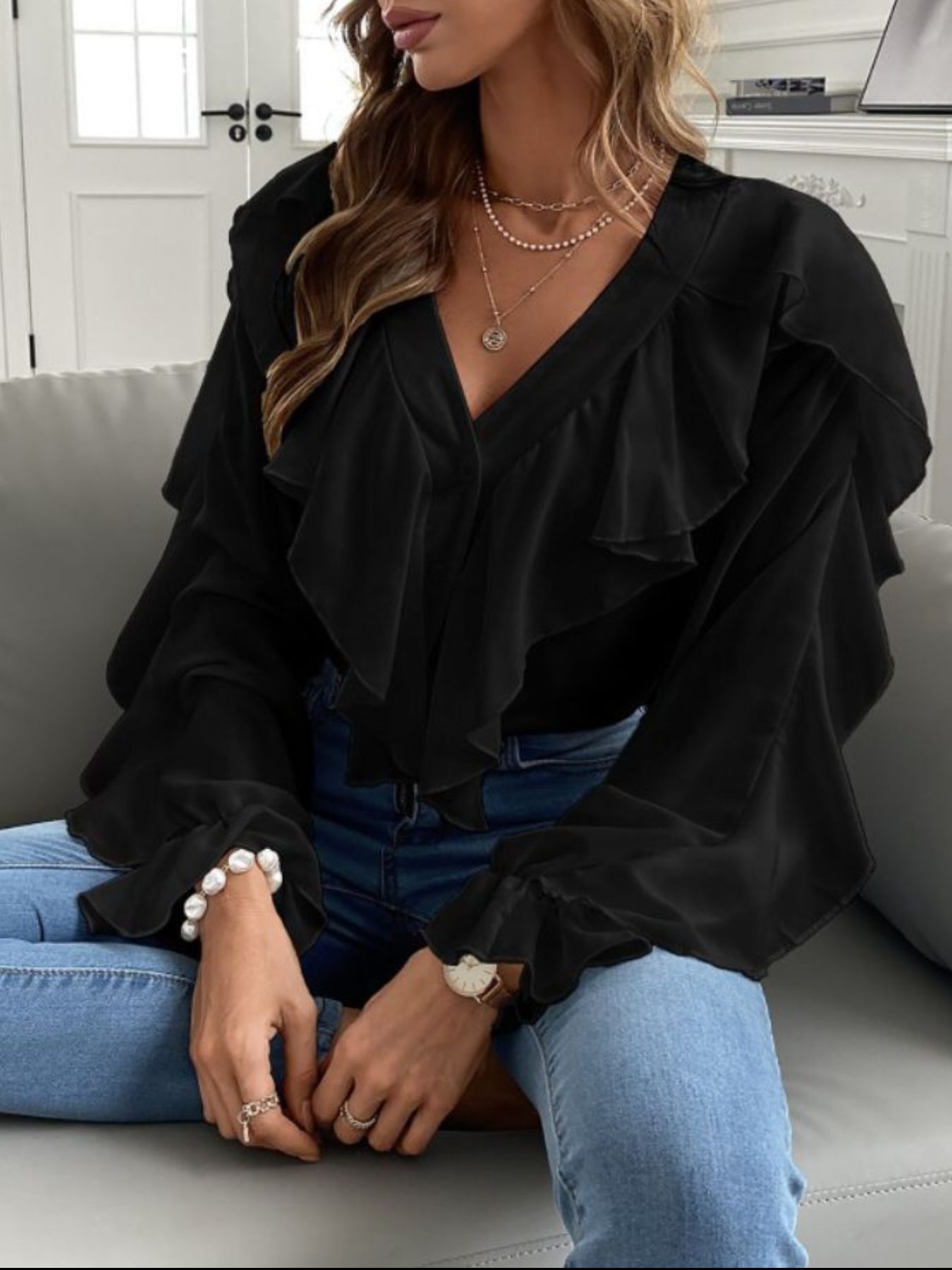 Full Size Ruffle Trim V-Neck Shirt Plus Size