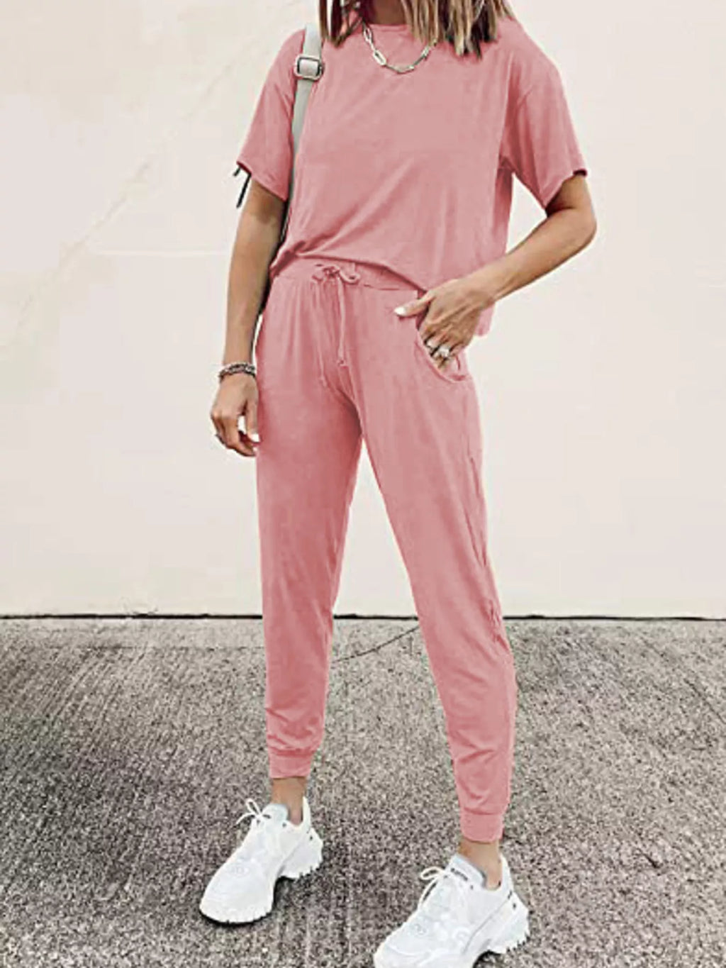 Full Size Round Neck Top and Drawstring Pants Set Plus Size