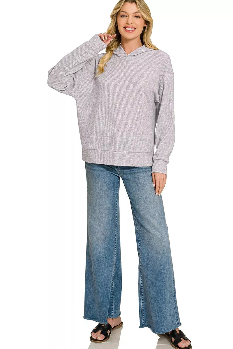 Zenana Brushed Ribbed Hacci Hoodie Pullover