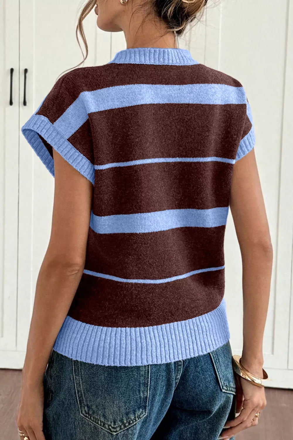 Striped Short Sleeve Round Neck Casual Knit Top