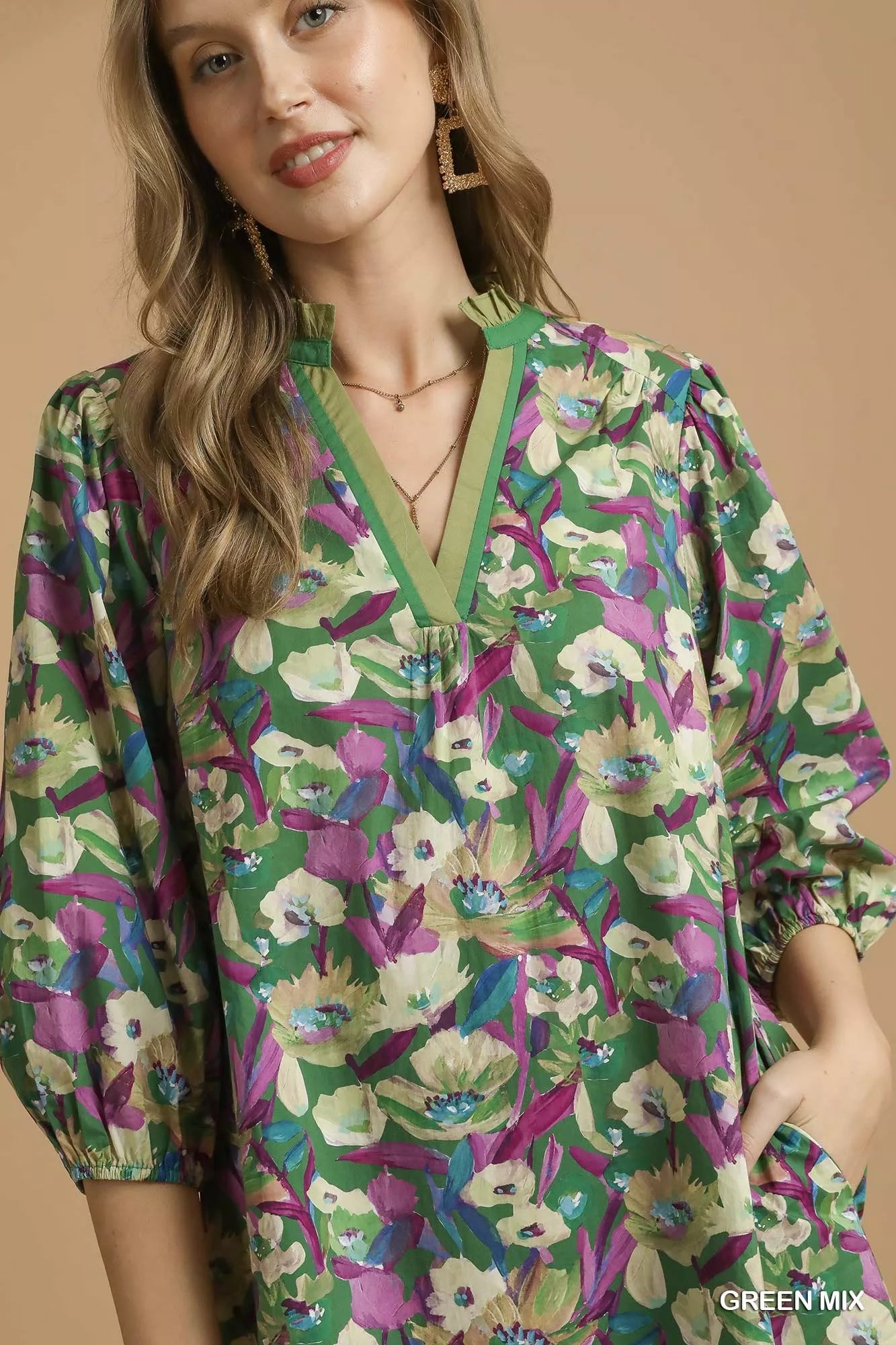 Umgee Boho Floral Balloon Sleeve Mini Dress