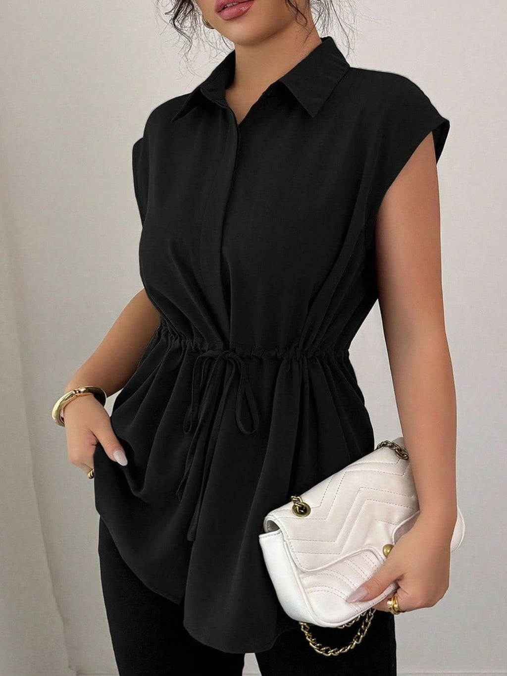 Drawstring Waist Cap Sleeve Shirt
