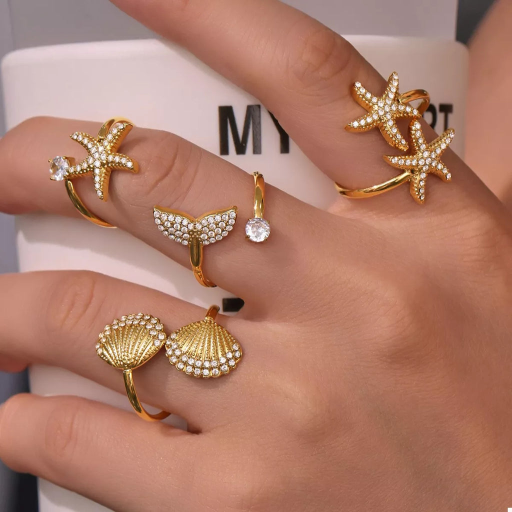 18K Gold-Plated Stainless Steel Zircon Starfish Ring