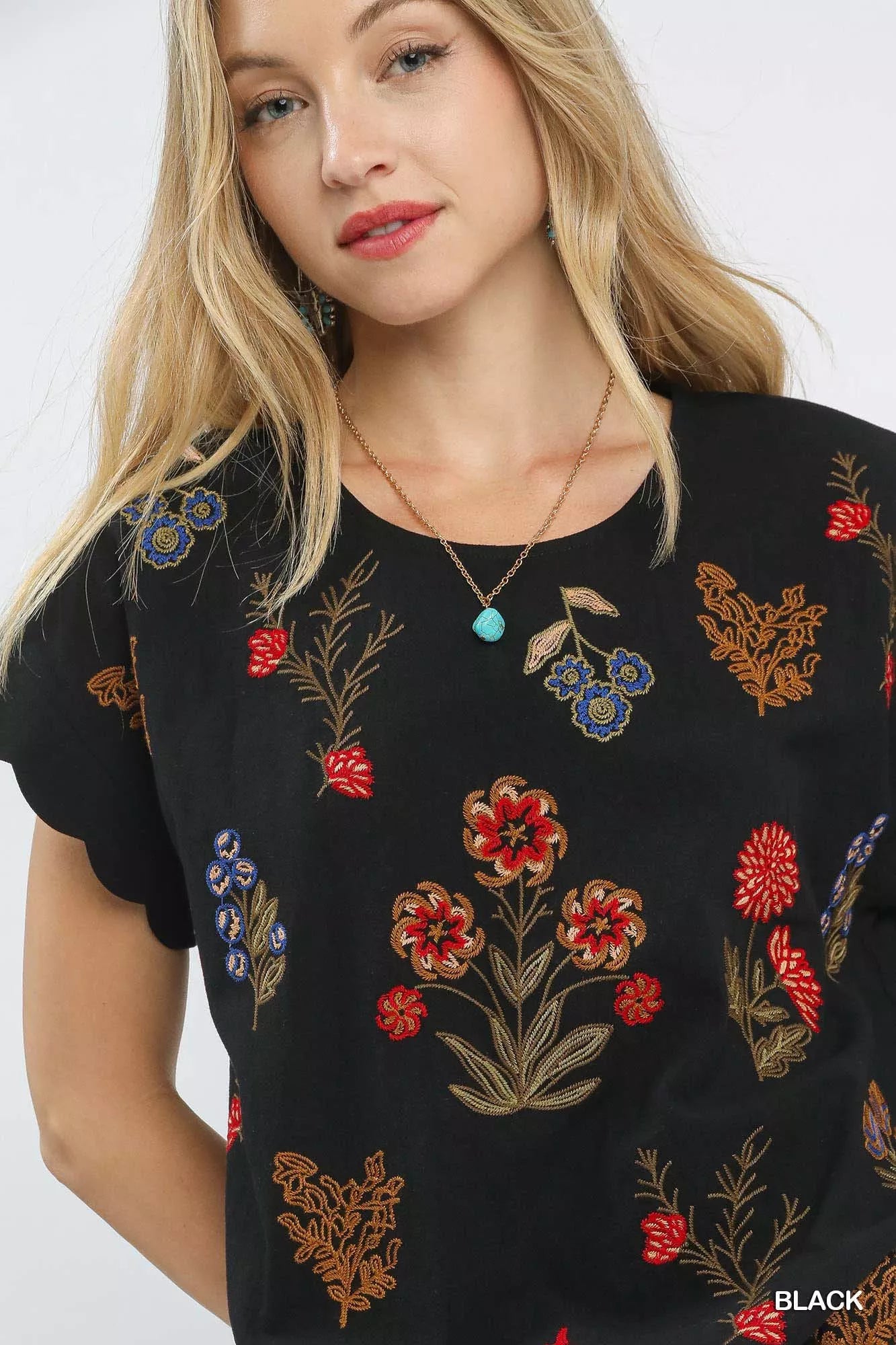 Umgee Embroidered Scallop Sleeve Top with Drawstring Hem