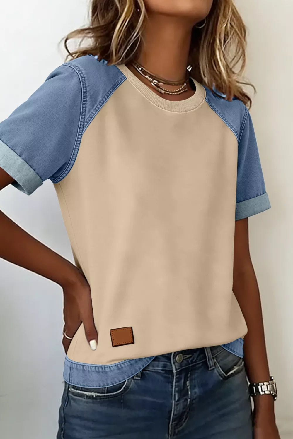 Denim Color Block Patchwork Round Neck Tee