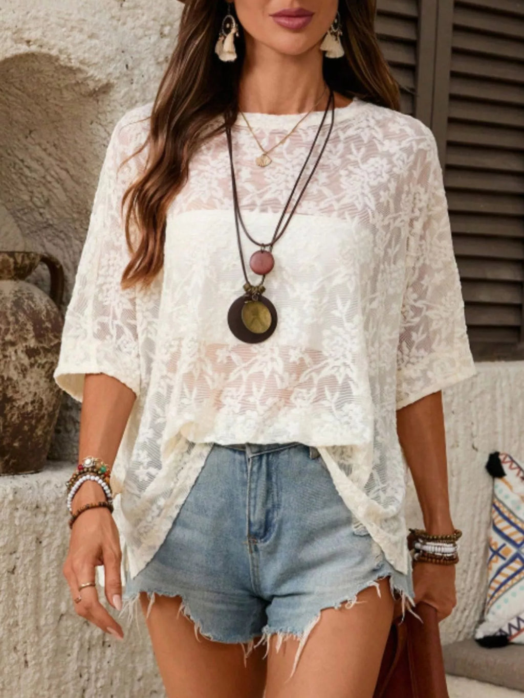 Floral Lace Sheer Round Neck Top