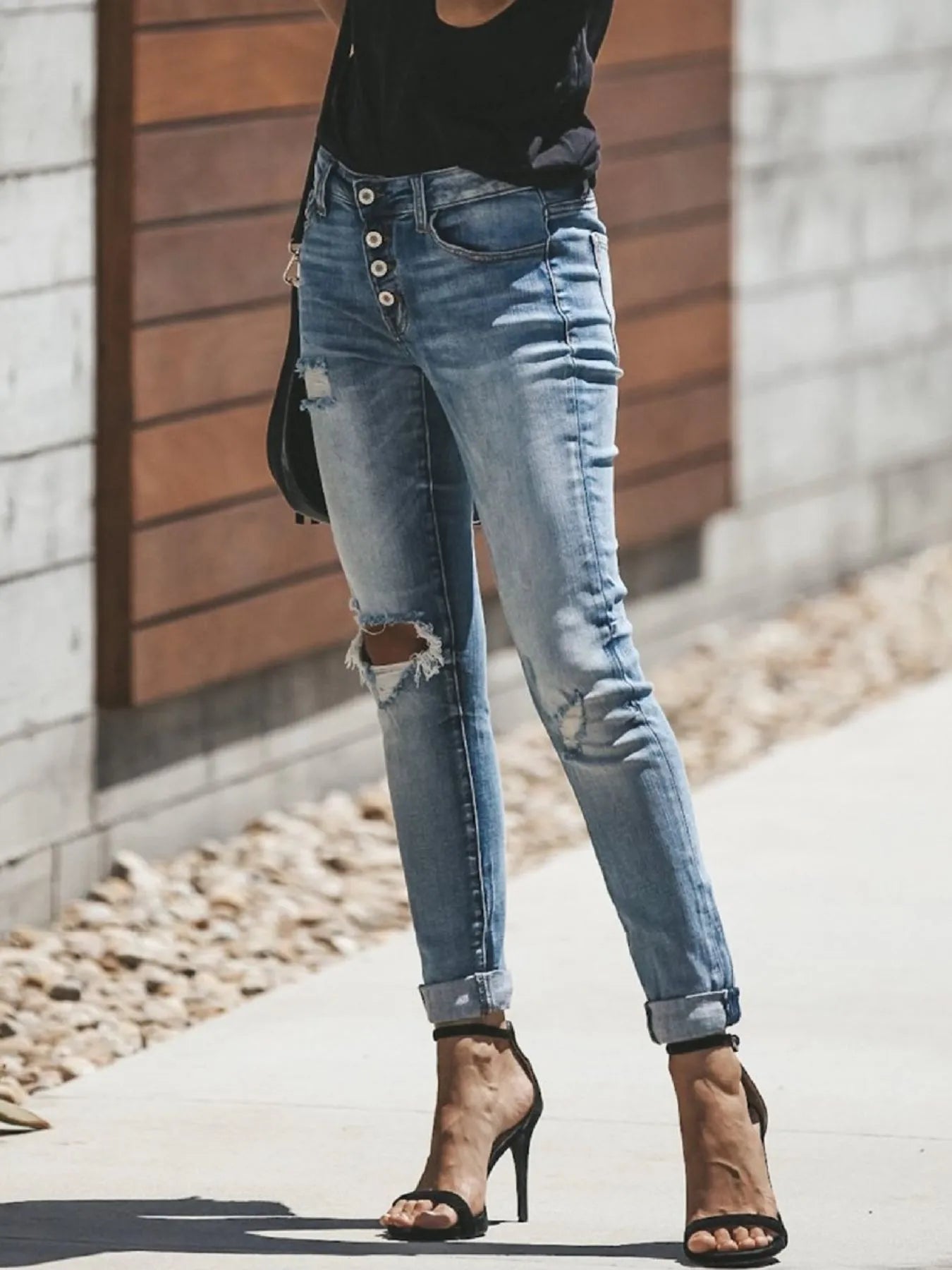 Distressed Button-Fly Skinny Jeans