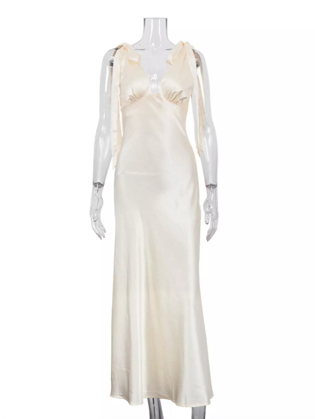 Satin Tie Shoulder Deep V-Neck Dress