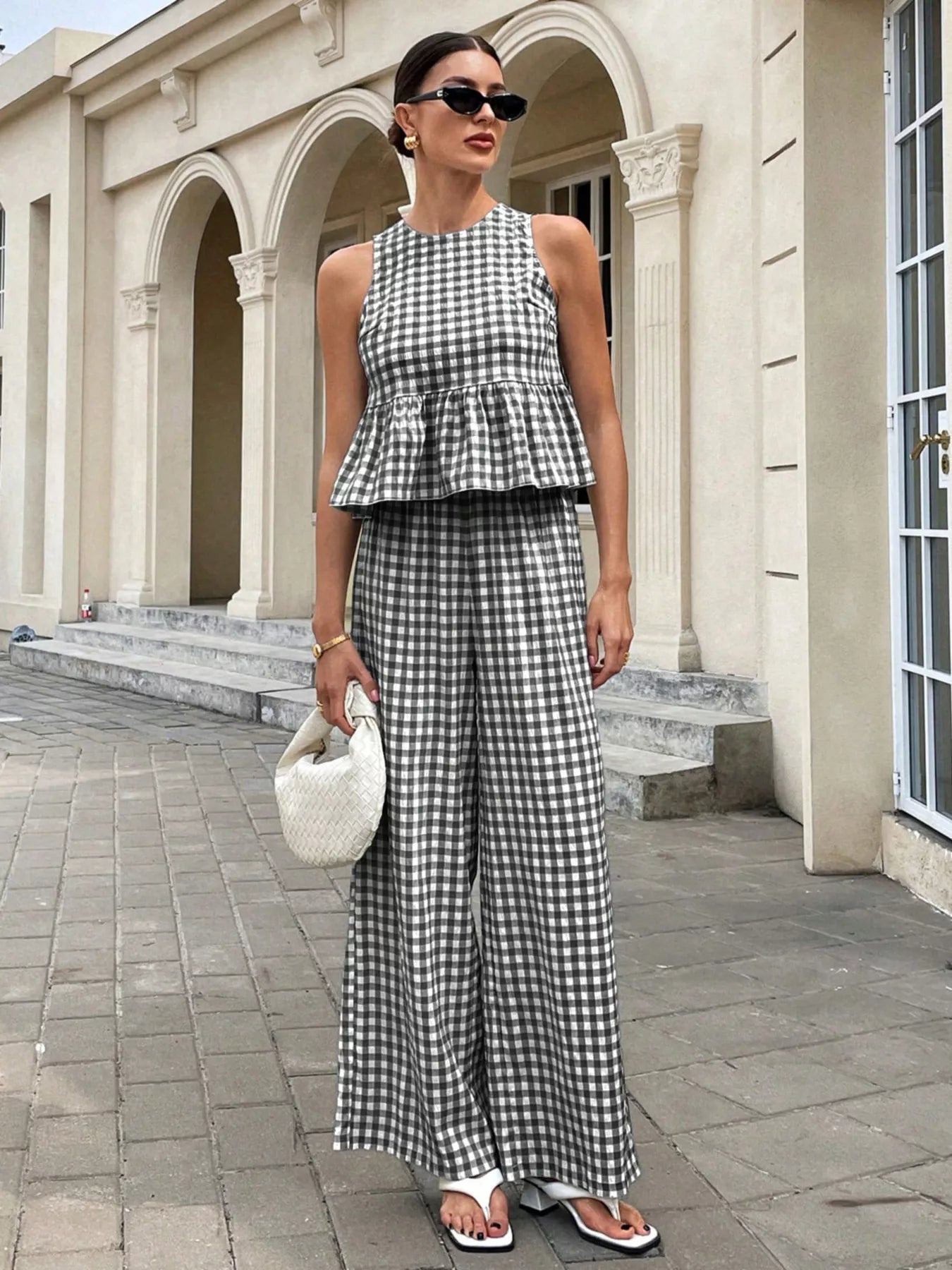 Gingham Sleeveless Top and Wide Leg Pants Set
