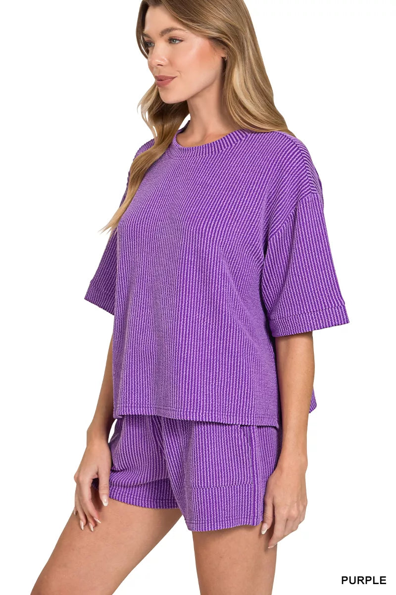 Zenana Raised Rib Short Sleeve Tee and Drawstring Shorts Set