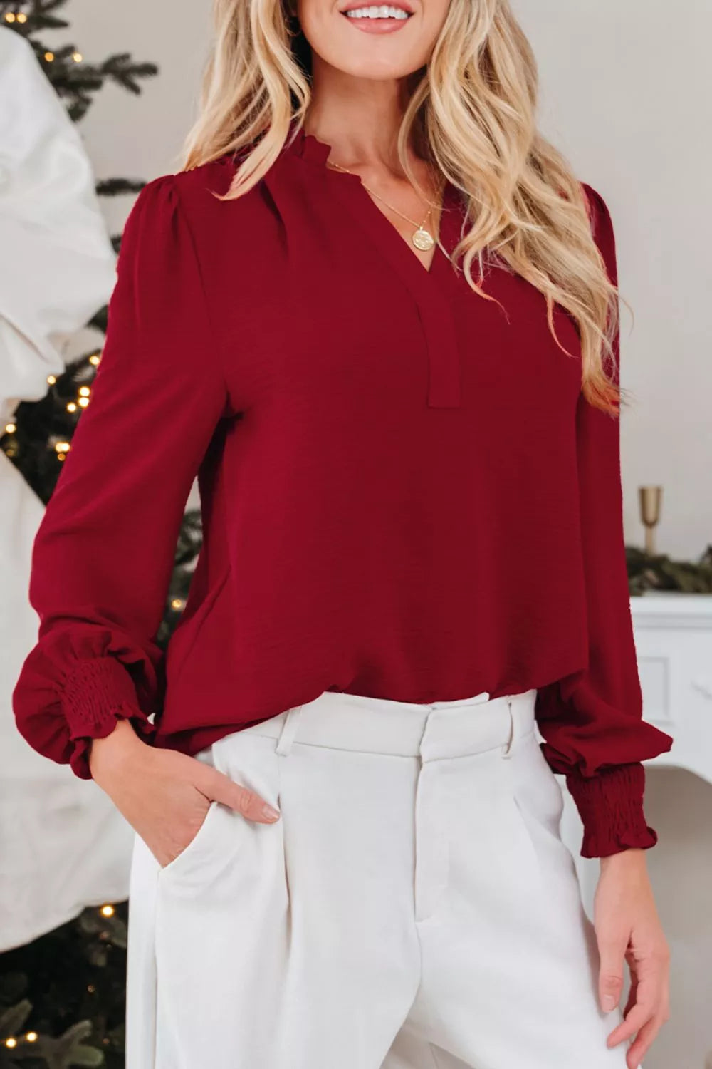 Notched Neck Shirred Cuff Long Sleeve Blouse