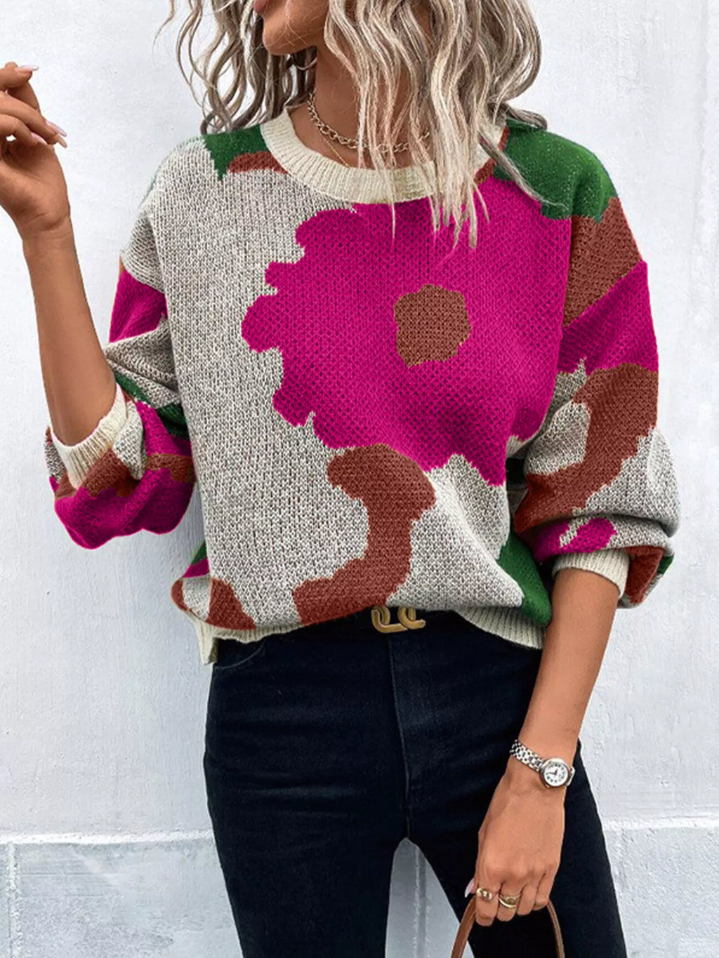 Floral Pattern Round Neck Sweater