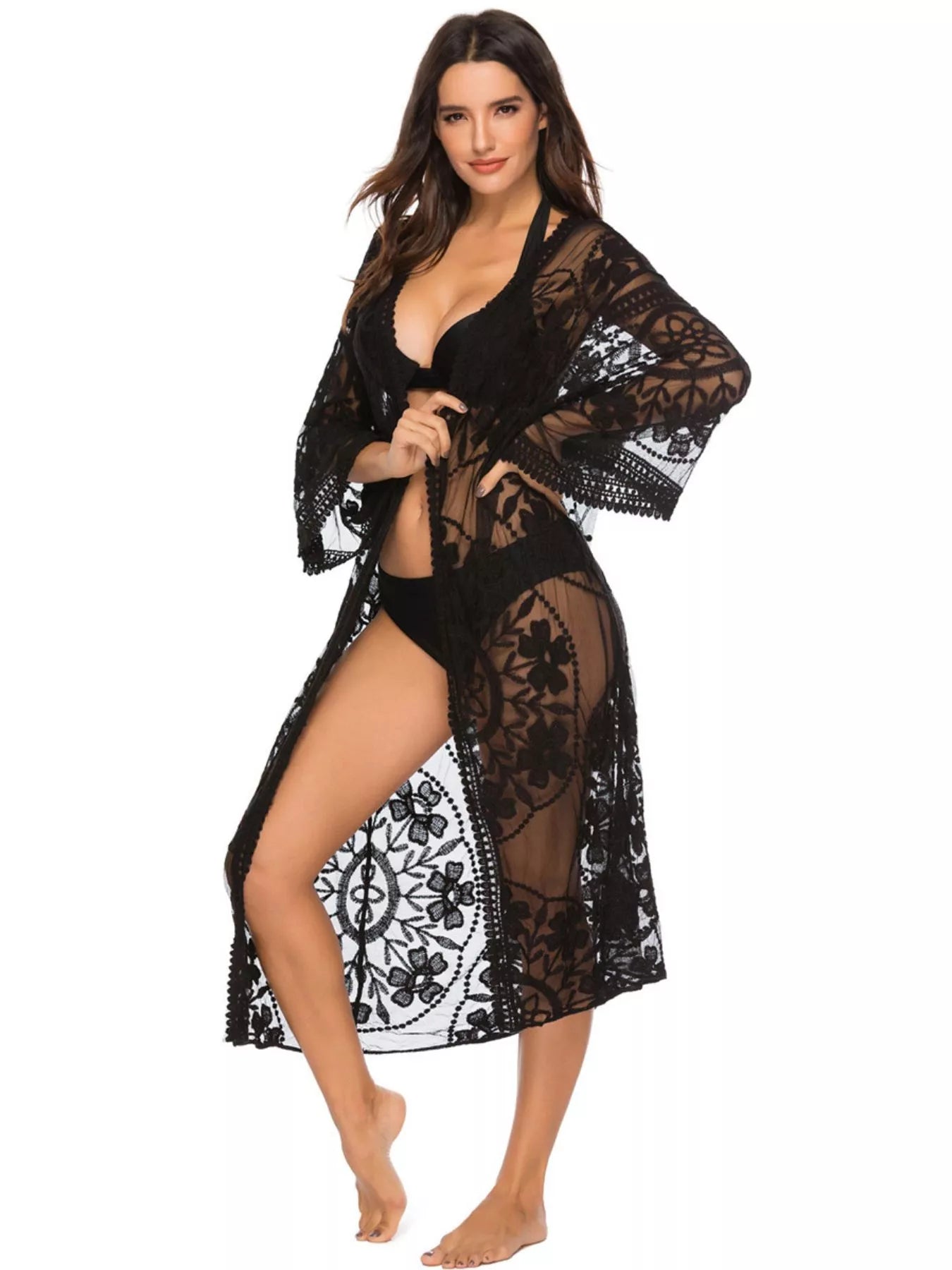 Floral Lace Sheer Kimono Cover-Up