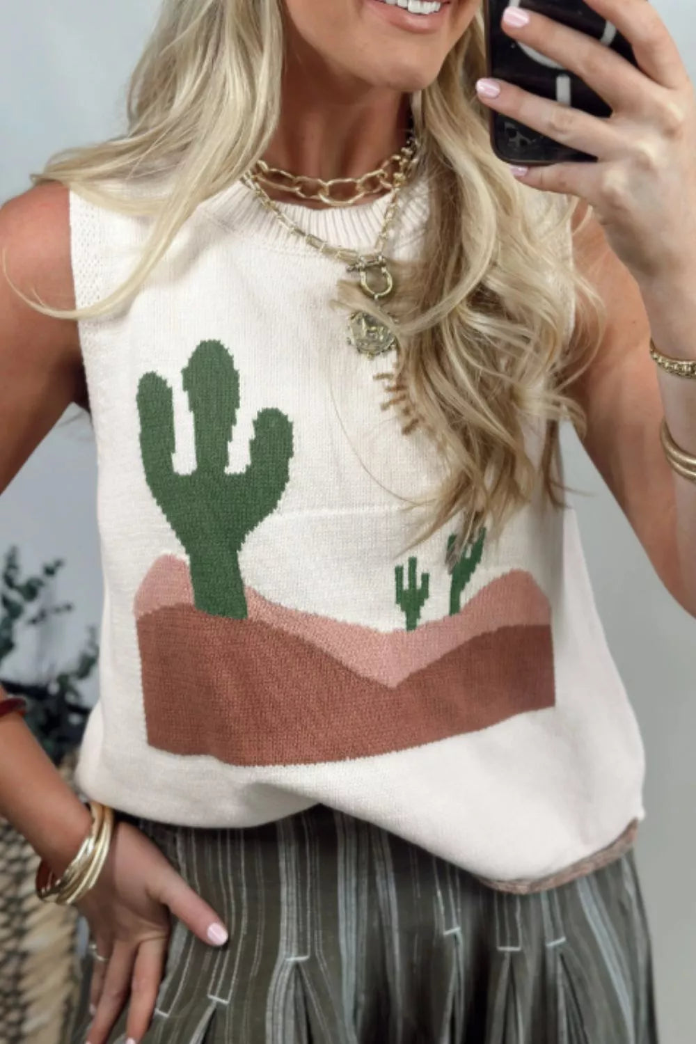 Multicolour Cactus Western Oasis Loose Sweater Vest