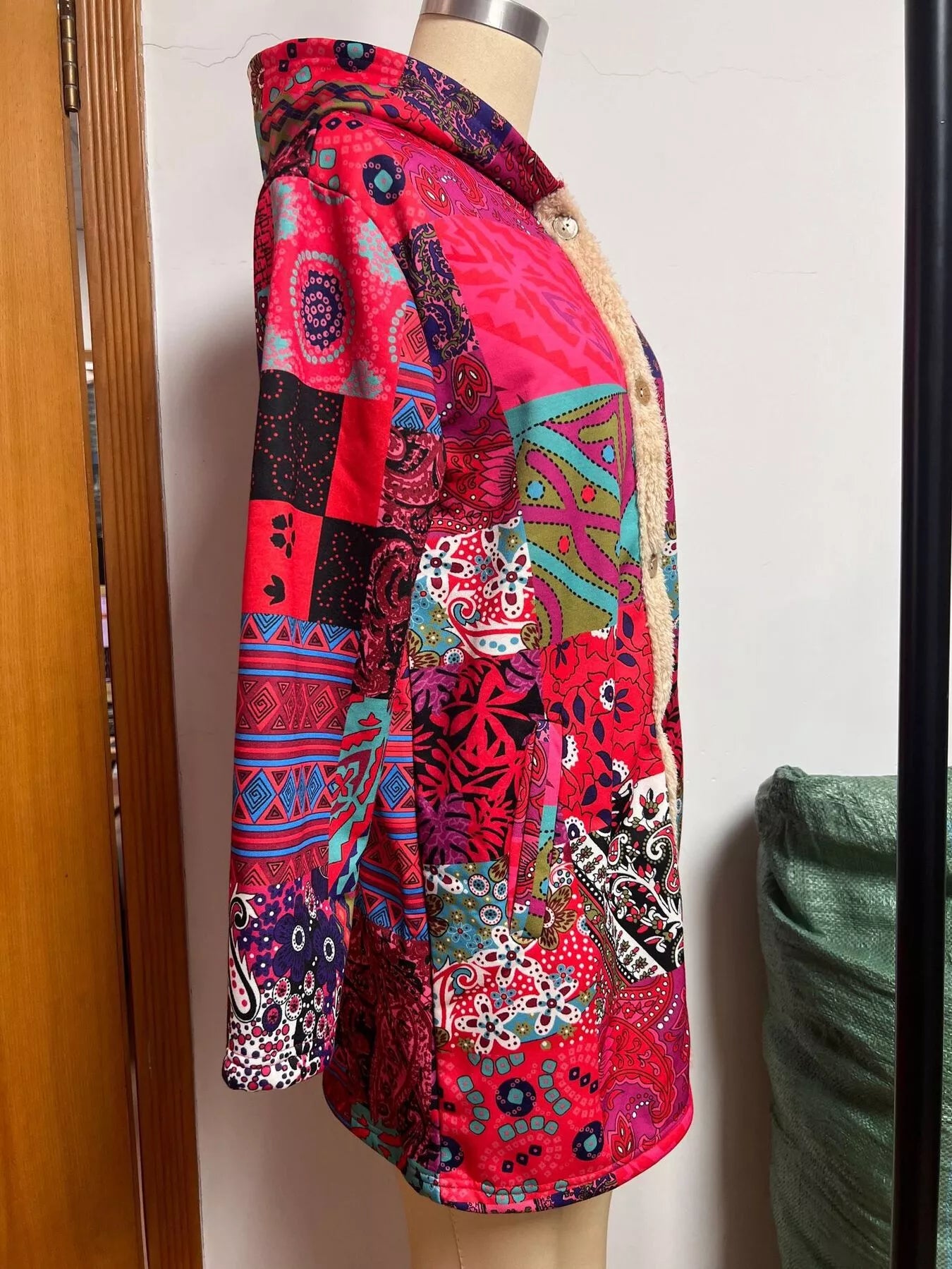 Bohemian Patchwork Fleece Lined Hooded Outerwear