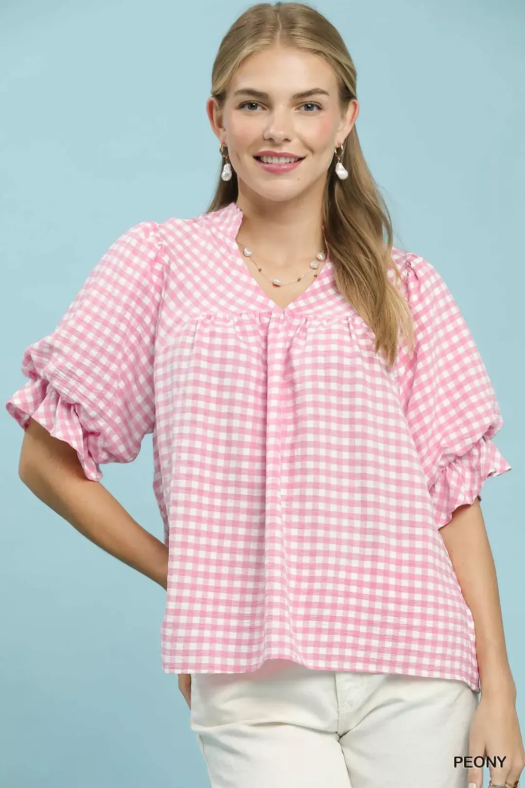 Umgee Gingham Check Blouse with Ruffle Sleeves