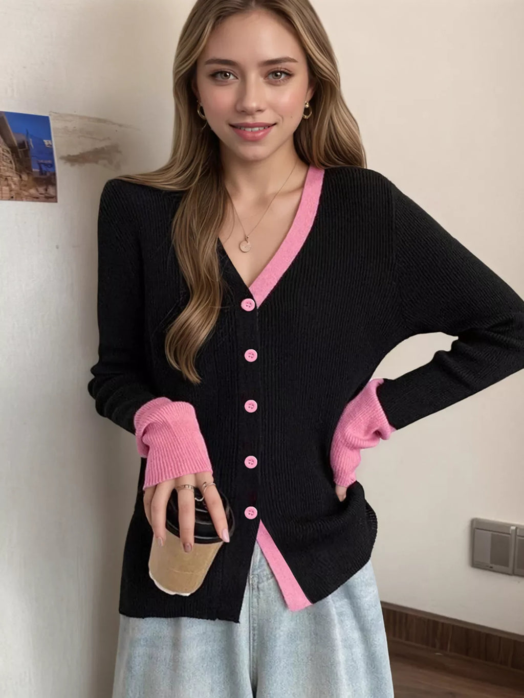 Contrast Trim Ribbed Knit Cardigan