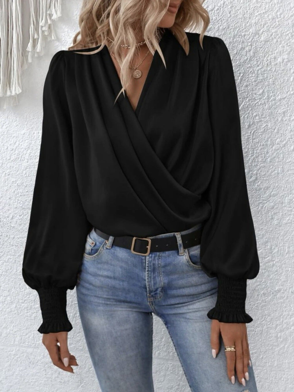 Ruched Surplice Long Sleeve Blouse