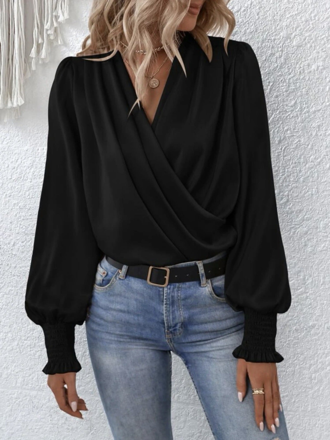 Ruched Surplice Long Sleeve Blouse