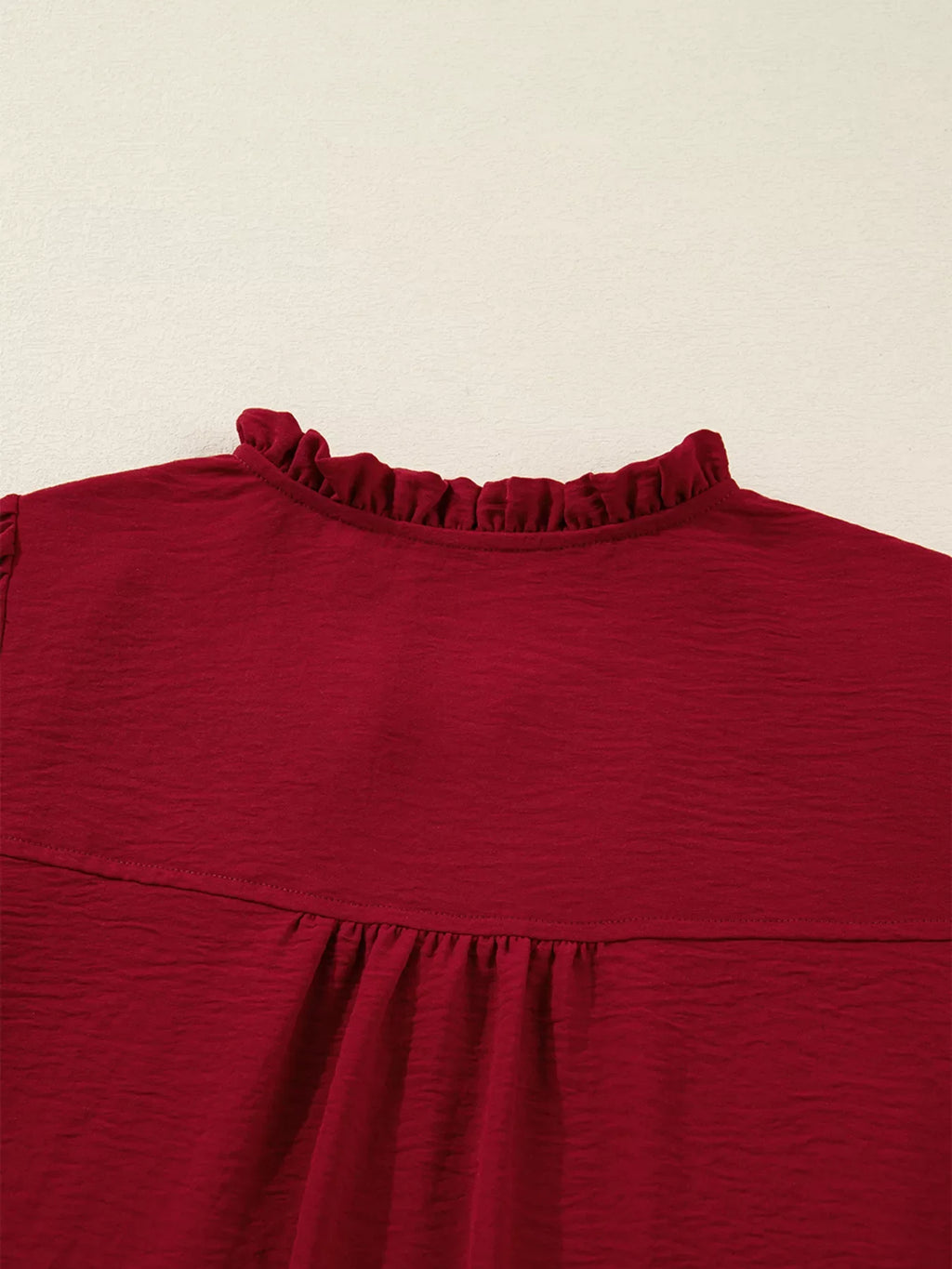 Notched Neck Shirred Cuff Long Sleeve Blouse