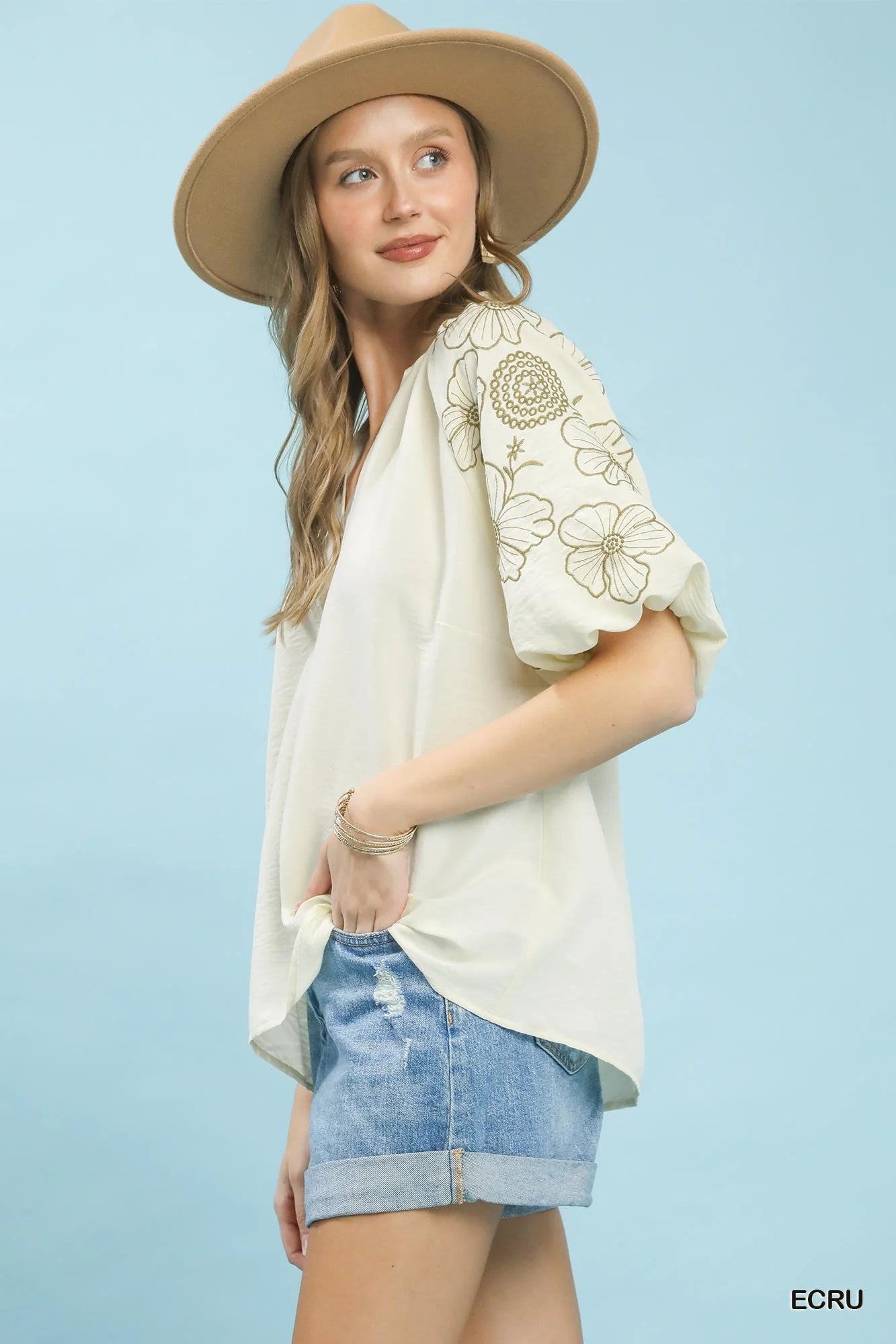 Umgee Embroidered Sleeve V-Neck Boho Blouse