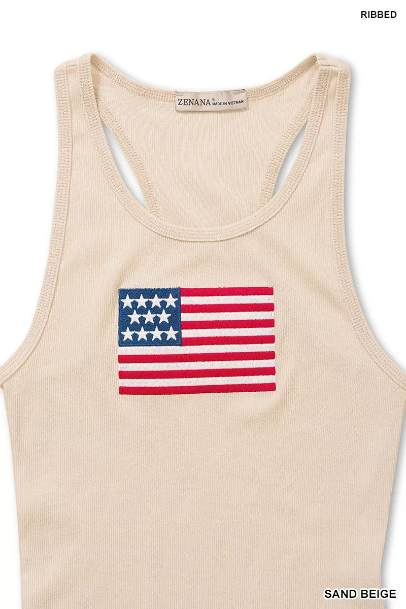 Zenana American Flag Embroidery Stretchy Ribbed Tank