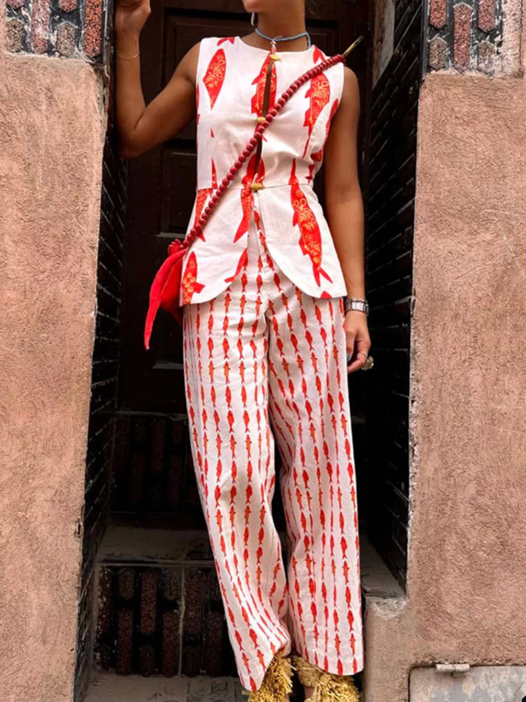 Fish Print Sleeveless Top and Pants Set