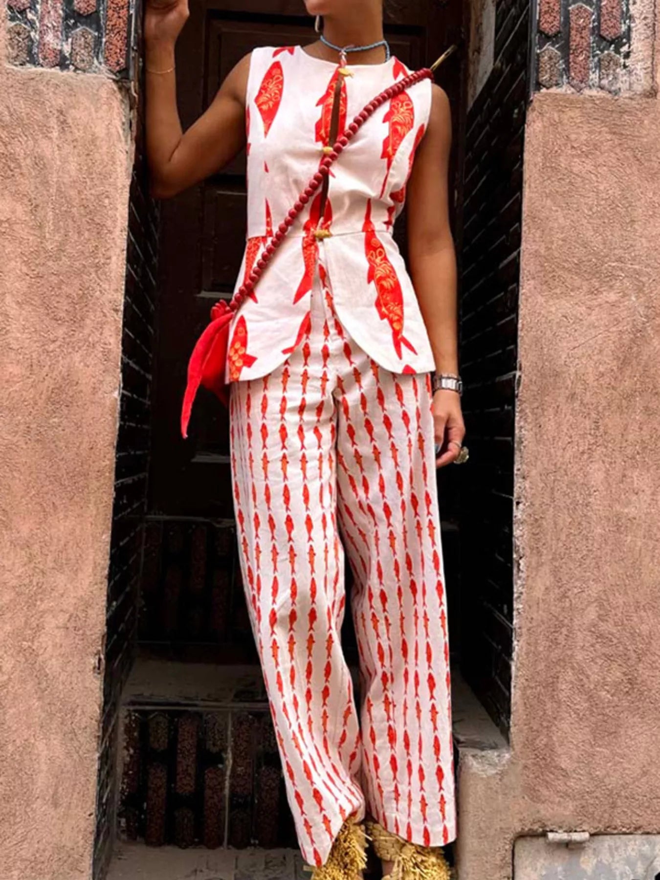 Fish Print Sleeveless Top and Pants Set