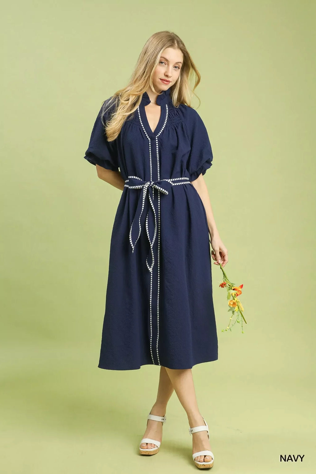 Umgee Ruffle Collar Midi Dress with Stripe Trim