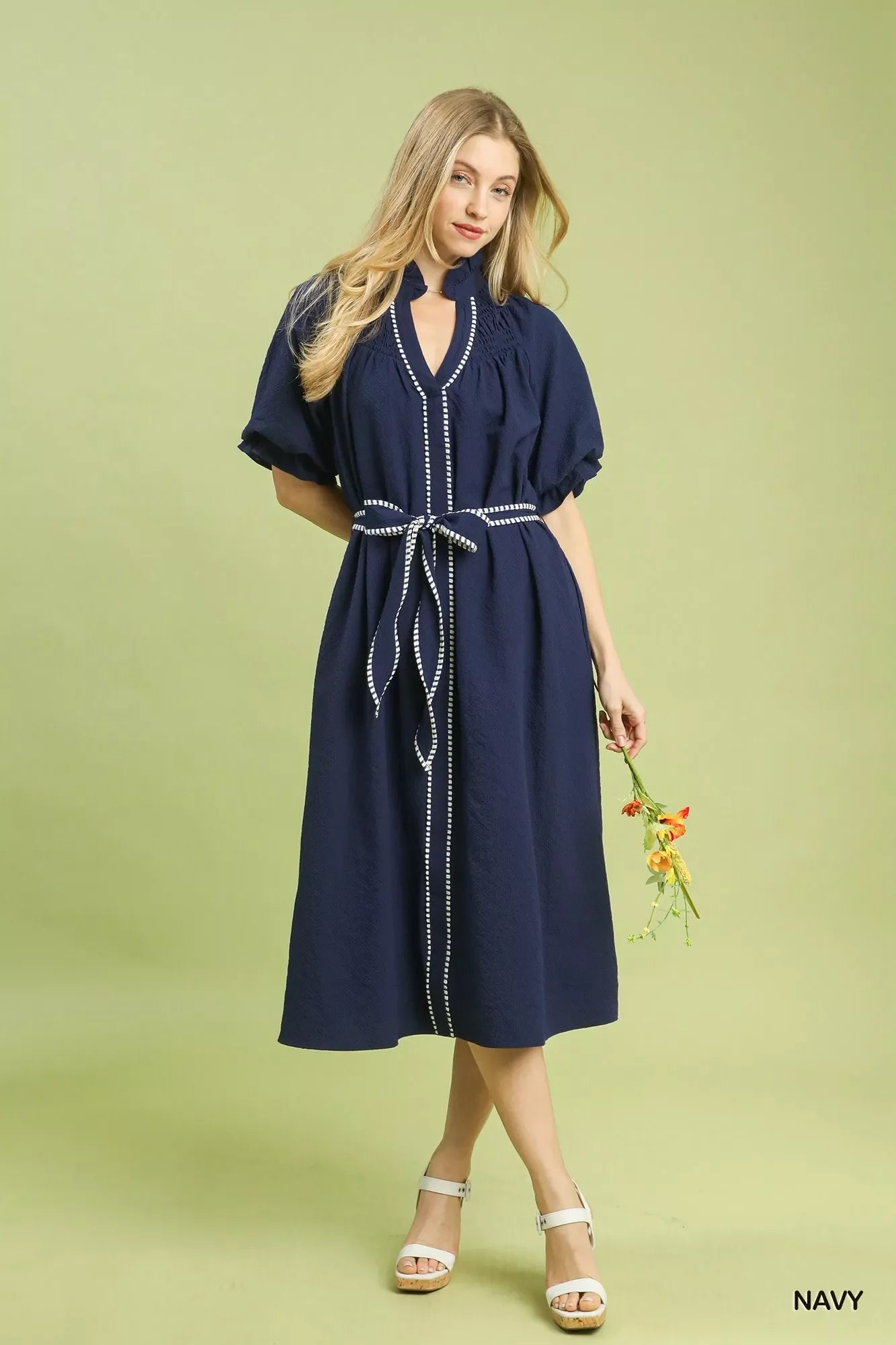 Umgee Ruffle Collar Midi Dress with Stripe Trim