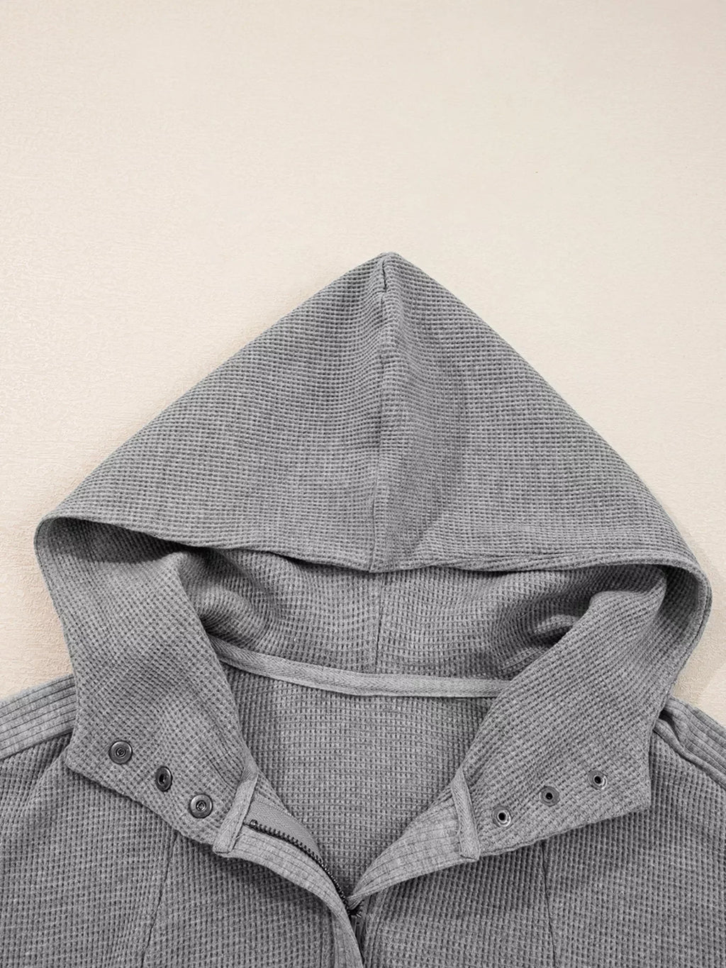 Waffle Splicing Zip Up Front Button Hooded Jacket