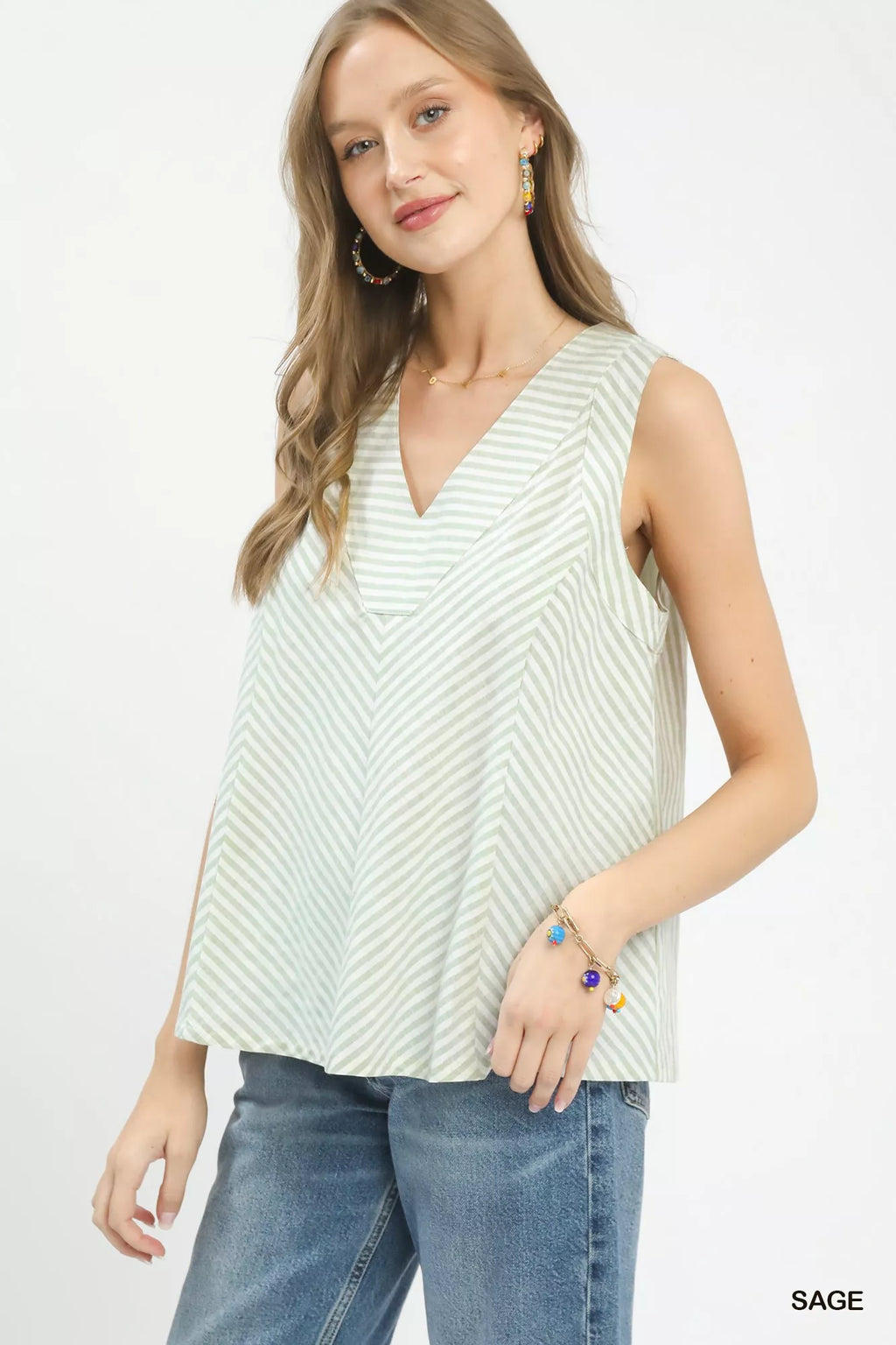 Umgee Mixed Stripe Sleeveless V-Neck Top