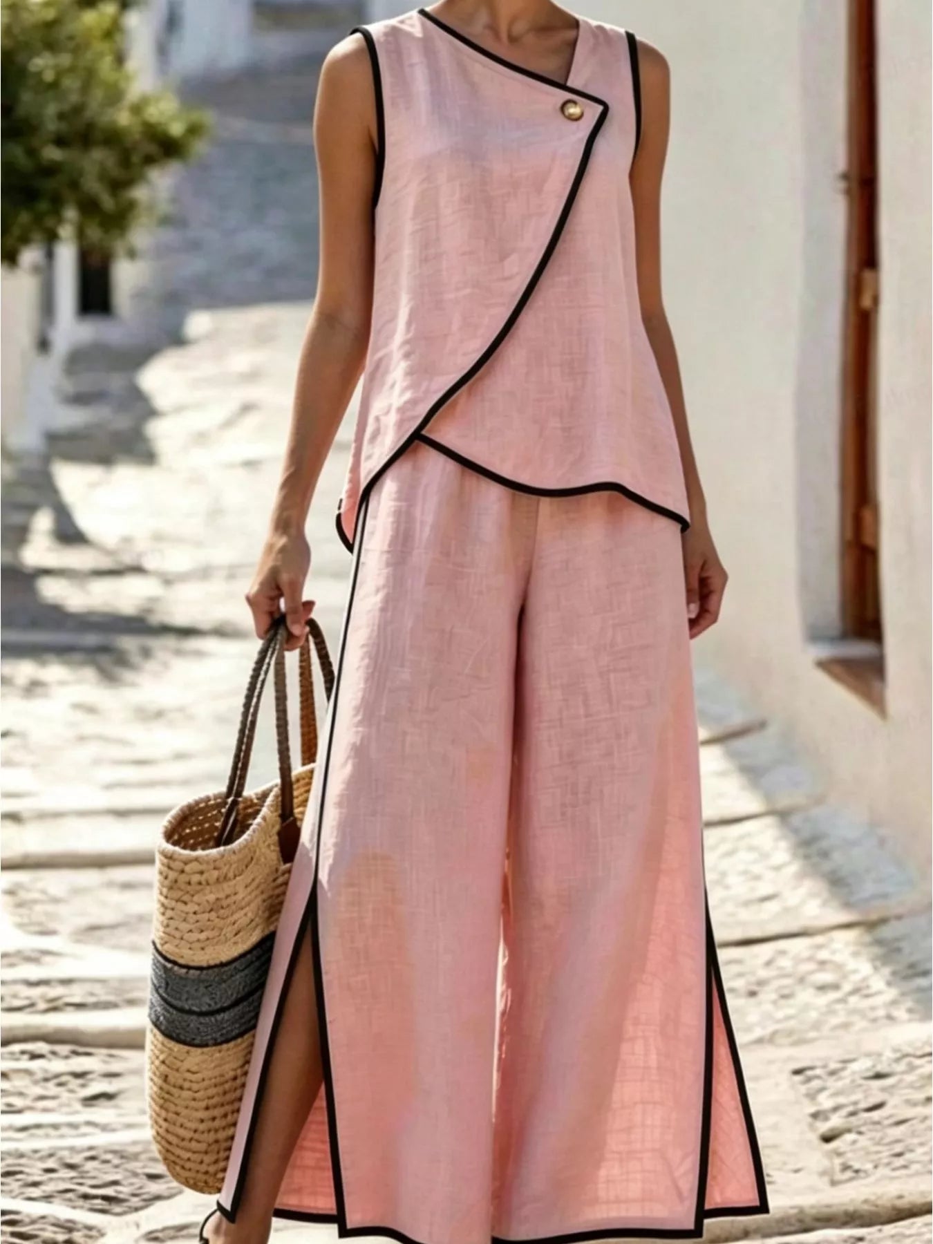 Contrast Trim Top and Slit Pants Set