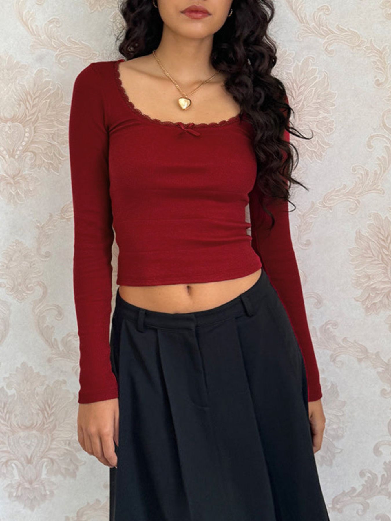 Lace Detail Long Sleeve Crop T-Shirt