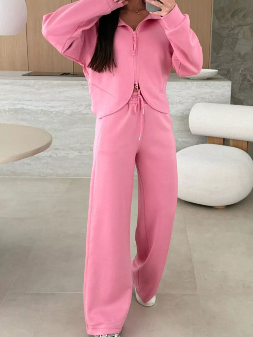 Solid Color Zip Up Hoodie Drawstring Loose Pants Set