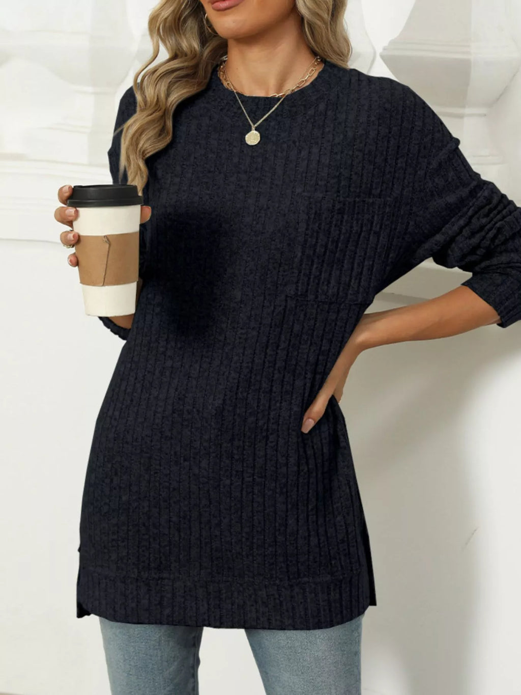 Ribbed Knit Round Neck Sweater
