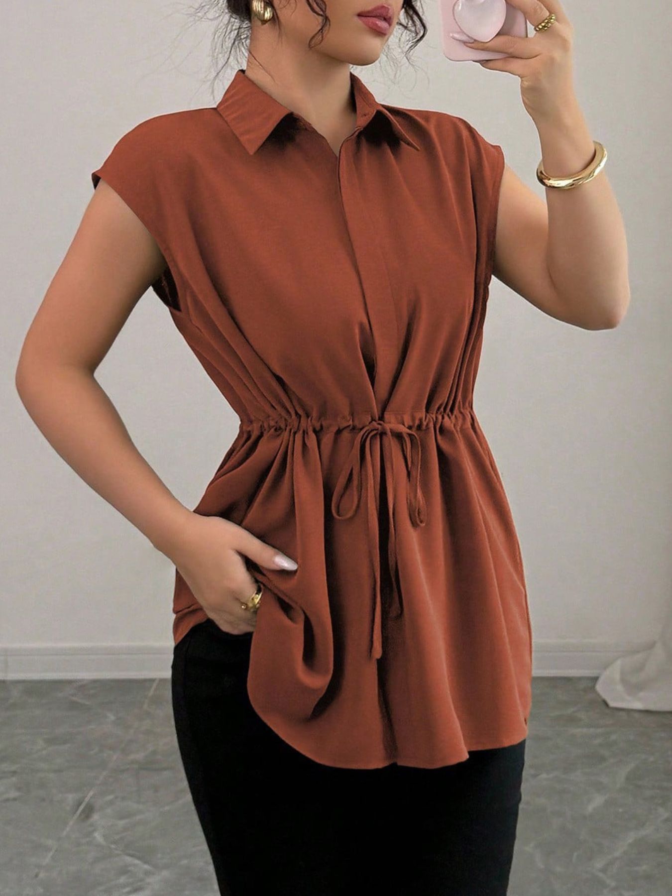 Drawstring Waist Cap Sleeve Shirt
