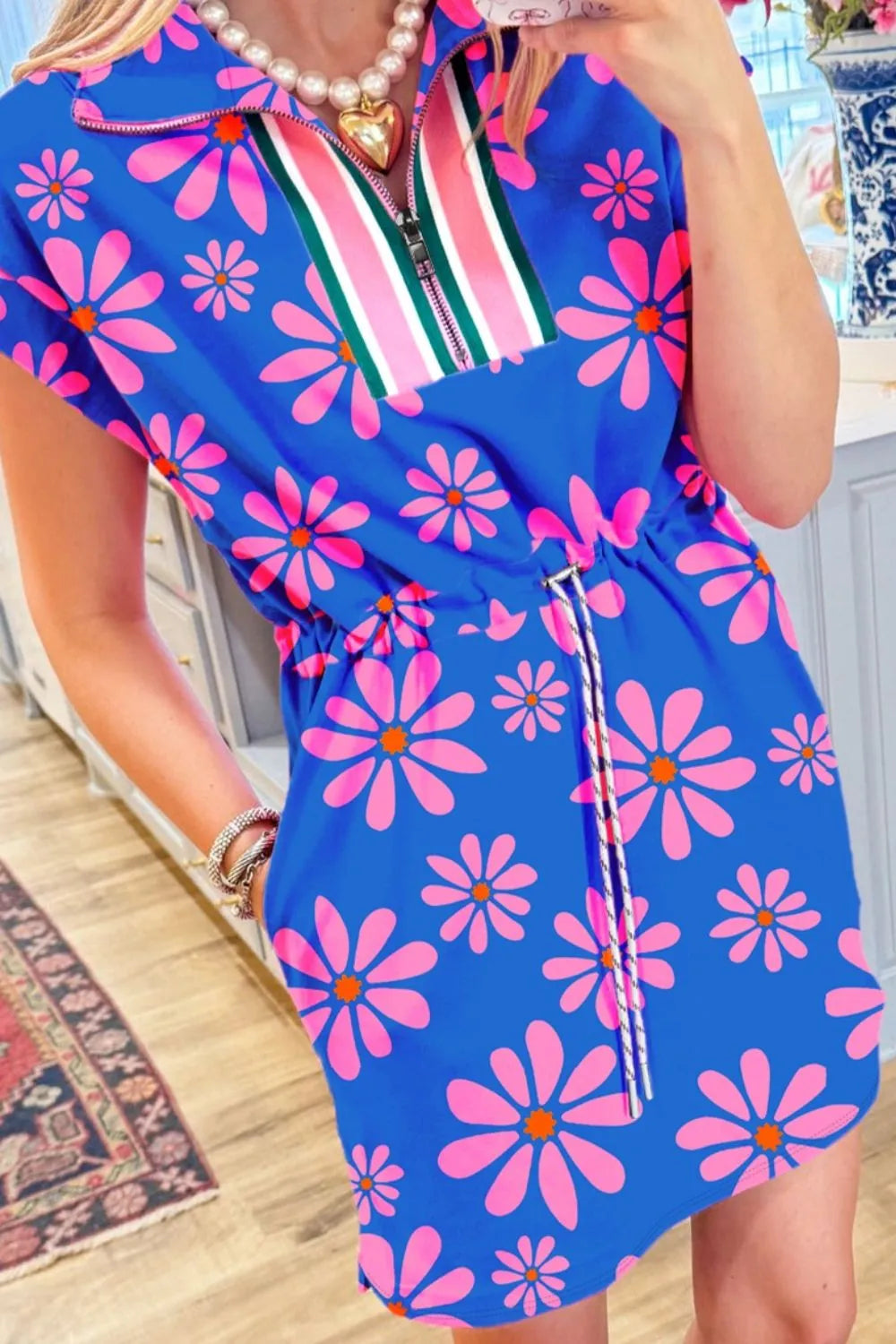 Floral Print Zip Collar Drawstring Summer Mini Dress