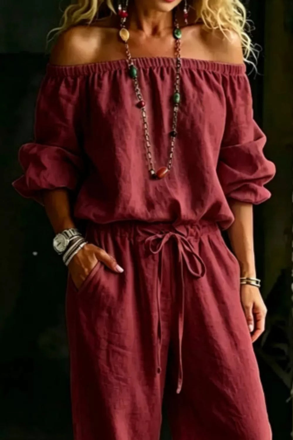 Full Size Off-Shoulder Top and Pants Set Plus Size