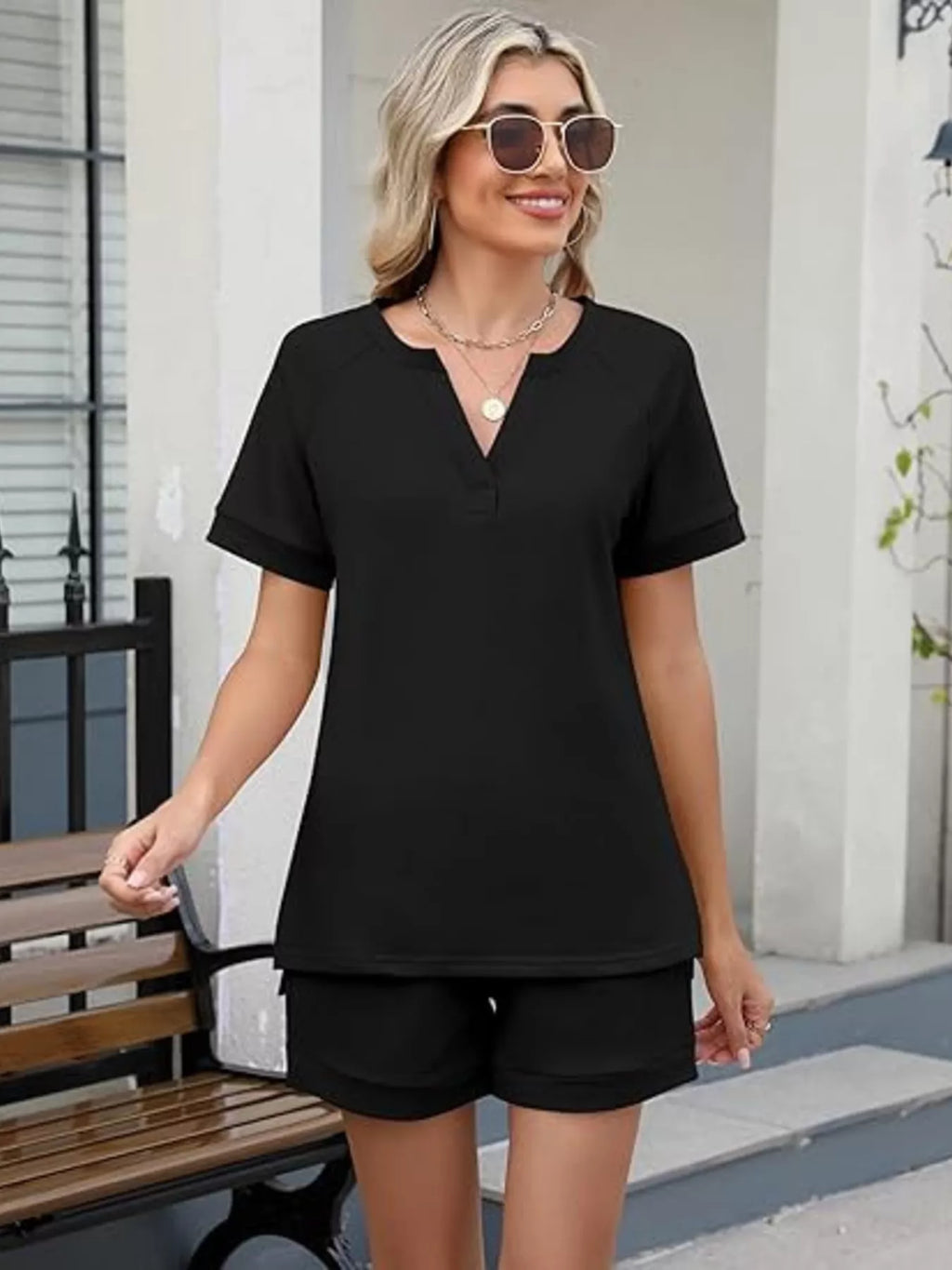 Solid Color Short Sleeve Top and Shorts Two-Piece Set