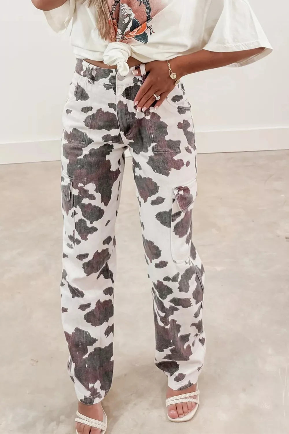 Cow Spots Printed Multi Pocketed Jeans