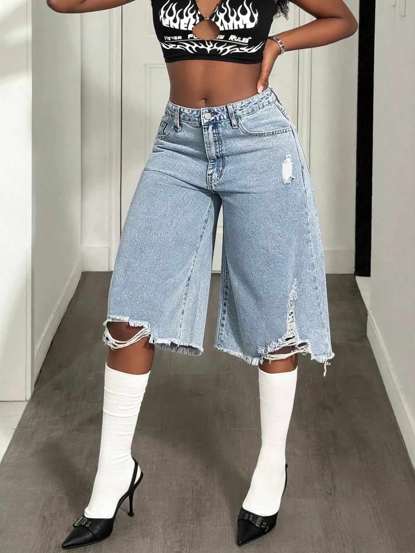 Distressed Wide-Leg Denim Shorts